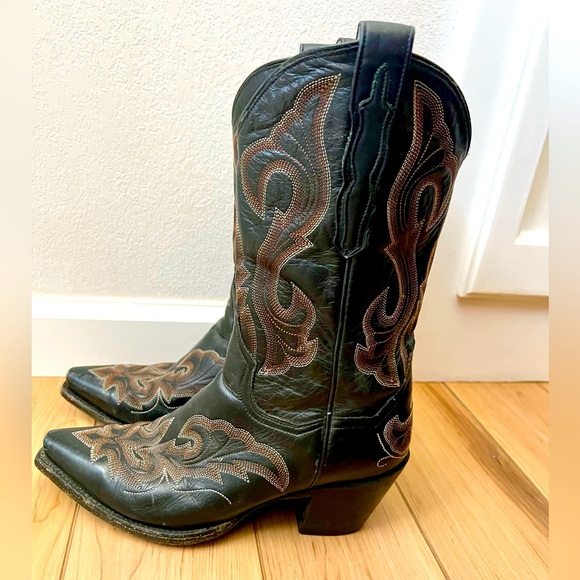 Dan Post Shoes - Dan Post Cowboy Boots Black Leather Mid Calf Embroidered Western